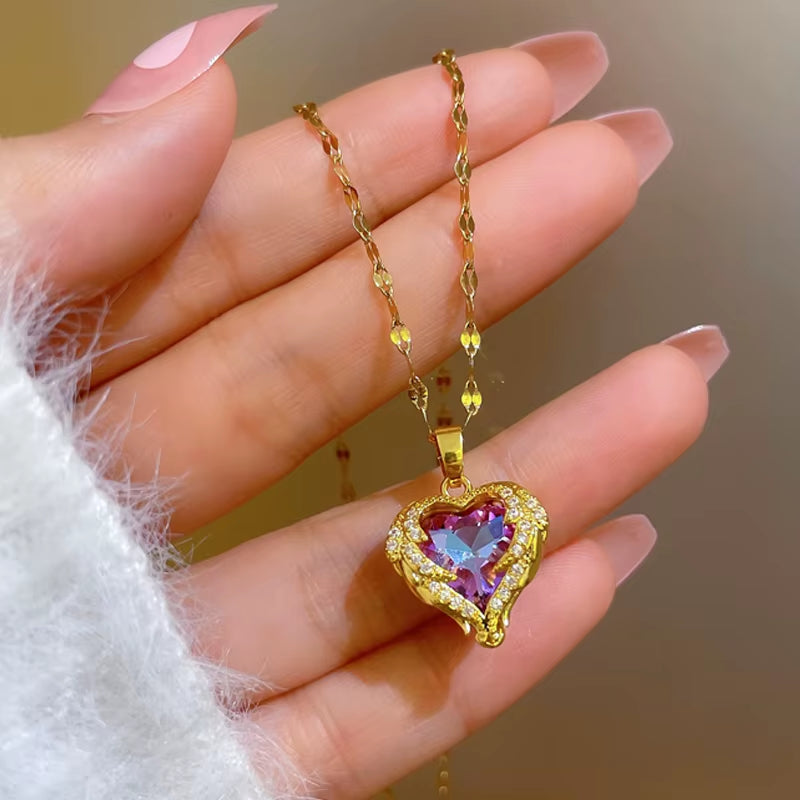 Trendy Rhinestone Pendant Heart Necklaces for Women 2022 Plated Silver 18K Gold Titanium Stainless Steel Jewelry Clavicle Chain