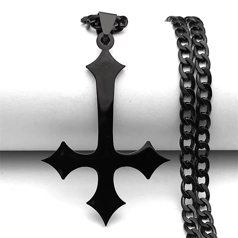 Goth Upside down Cross Stainless Steel Pendant Necklace for Men Black Color Inverted Cross Kering Handbag Accessorie Jewelry