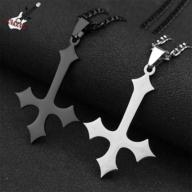 Goth Upside down Cross Stainless Steel Pendant Necklace for Men Black Color Inverted Cross Kering Handbag Accessorie Jewelry