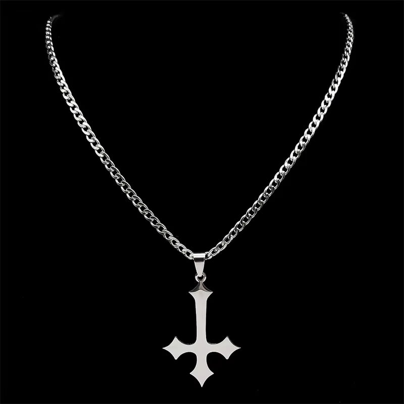 Goth Upside down Cross Stainless Steel Pendant Necklace for Men Black Color Inverted Cross Kering Handbag Accessorie Jewelry
