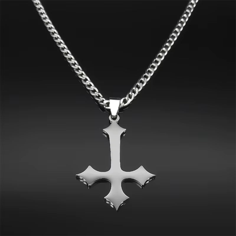 Goth Upside down Cross Stainless Steel Pendant Necklace for Men Black Color Inverted Cross Kering Handbag Accessorie Jewelry