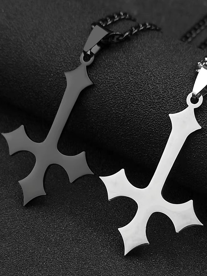Goth Upside down Cross Stainless Steel Pendant Necklace for Men Black Color Inverted Cross Kering Handbag Accessorie Jewelry